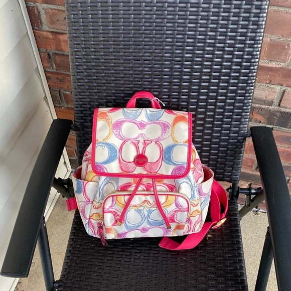 Coach Monogram Multicolor Canvas Leather Trim Scribble Poppy Backpack - Picture 3 of 15